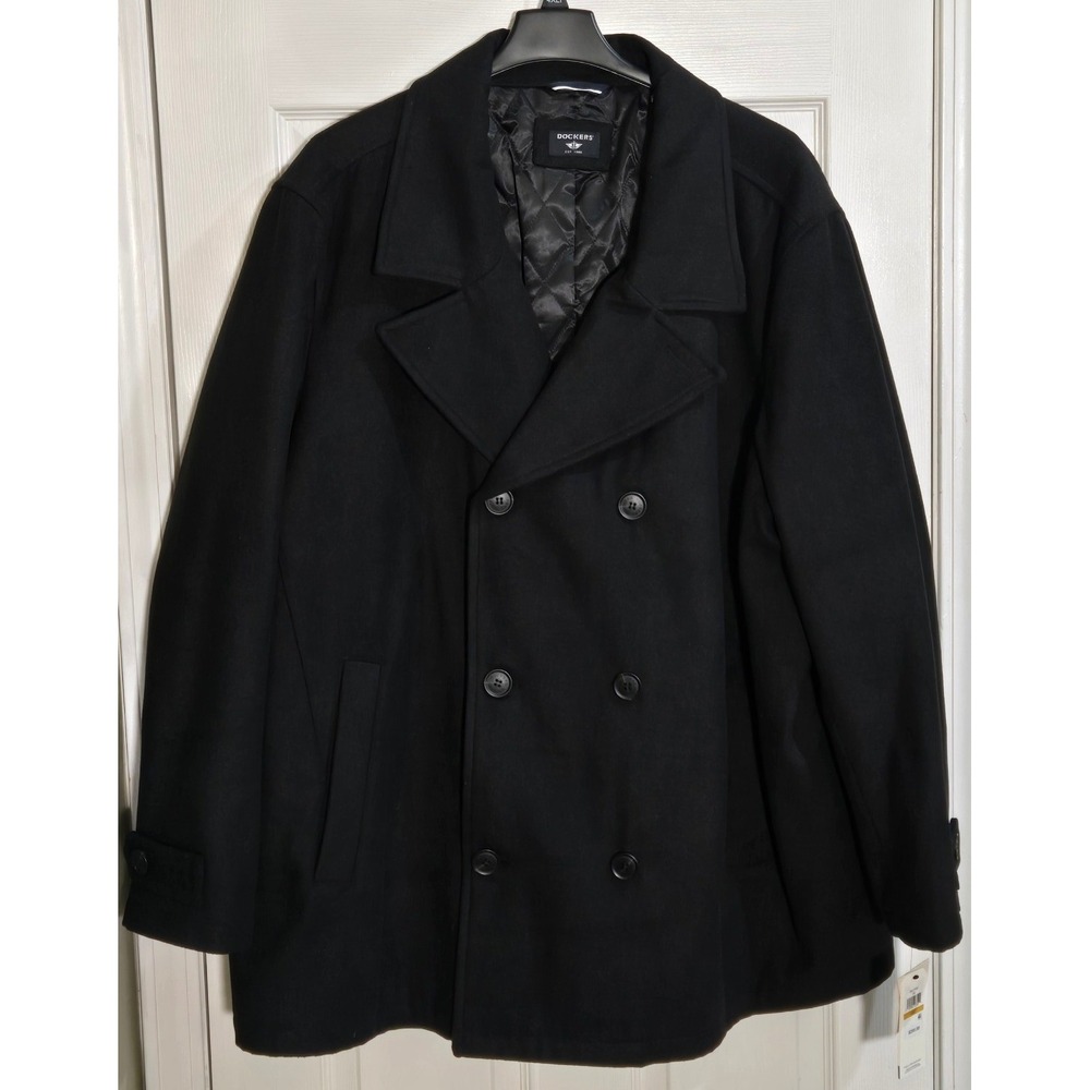 Dockers Mens Wool Blend Double Breasted Pea Coat Black 4XLT DMJTP260 Heavyweight